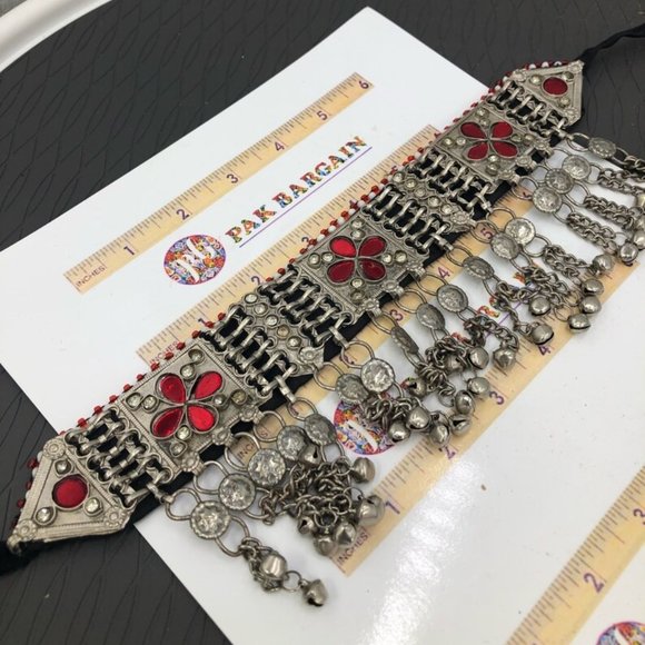 Tribal Glass Stones Choker Necklace With Dangling Tassels, Silver Kuchi Choker - Picture 6 of 8